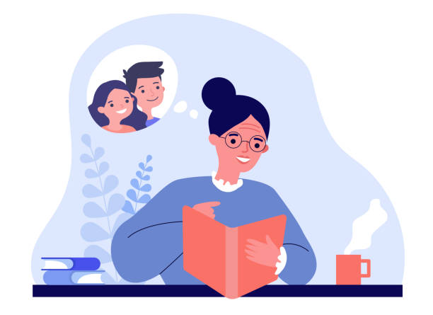 ilustrações de stock, clip art, desenhos animados e ícones de grandma watching photo album and smiling - woman with glasses reading a book
