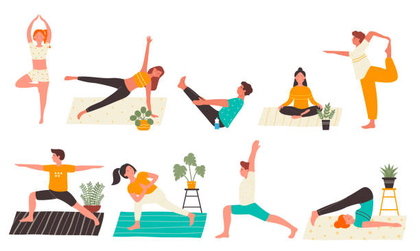 молодые люди в позах йоги устанавливают плоский вектор иллюстрации изолированные на белом фоне. yogi мужчина и женщина обучение в домашних у� - stretching yoga exercise mat women stock illustrations