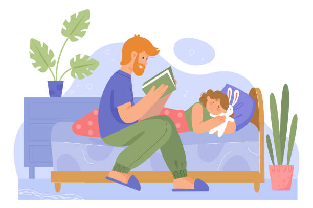 ojciec z córką rodzina czas wektor ilustracji, kreskówka tata rysunek czytanie bajkowa książka historia do małej dziewczynki w łóżku na dobry sen - bedtime stock illustrations