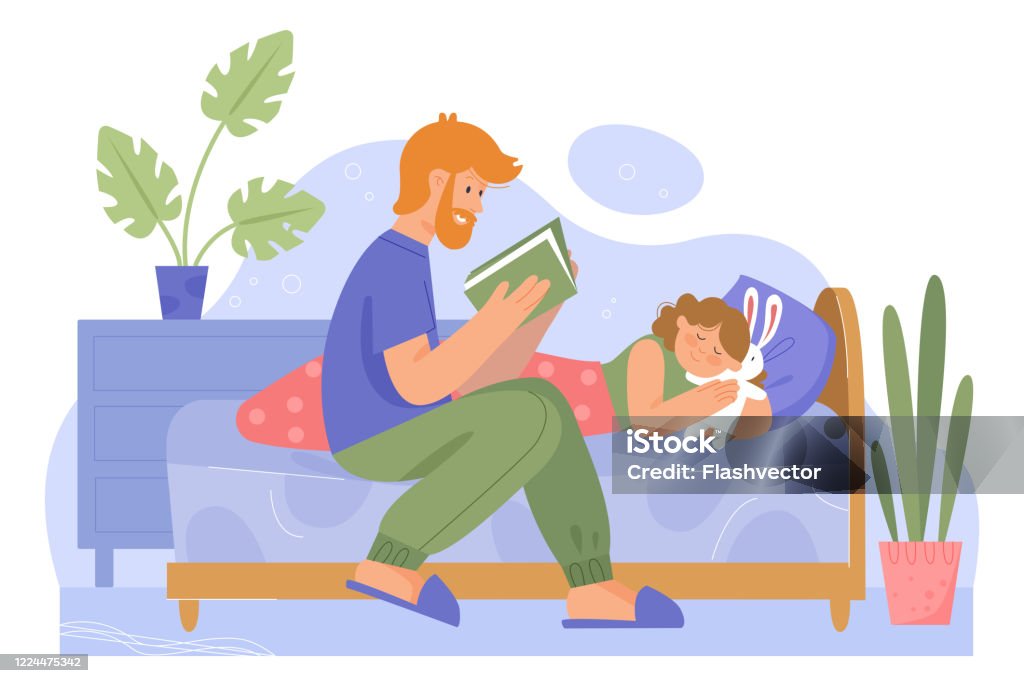 Father With Daughter Family Time Vector Illustration Cartoon Dad Character  Reading Bedtime Fairytale Story Book To Little Baby Girl In Bed For Good Night  Sleep Stock Illustration - Download Image Now - iStock