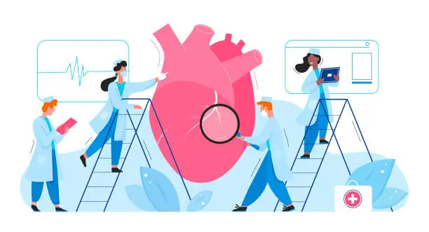 Vector illustration of Doctors in laboratory researches heart organ healthcare medical concept flat vector illustration. Cardiologists men women check cardiogram, determine diagnosis disease treatment. Pharmacy research
