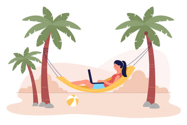 молодая женщина-фрилансер, работающая на ноутбуке, лежит в гамаке на пляжном курорте на тропическом острове, изолированном на белом фоне. о� - book reading white women stock illustrations
