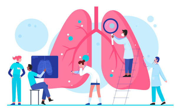 ilustrações de stock, clip art, desenhos animados e ícones de doctors scientists people in laboratory researches lungs organ healthcare medical concept flat vector illustration. pulmonology, determine diagnosis, disease treatment. internal organ inspection. - respiratory system