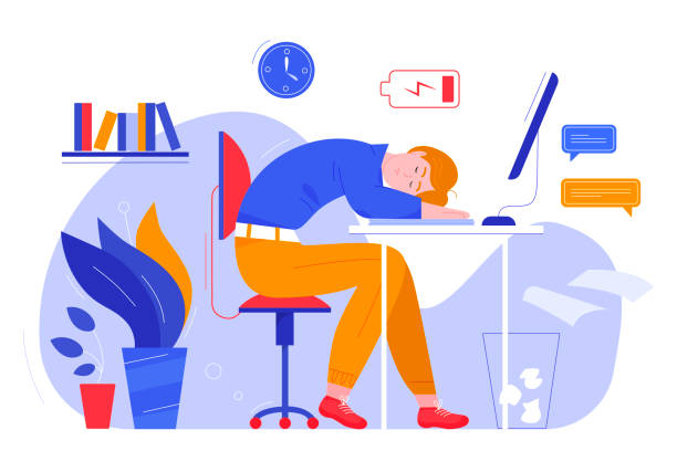 Professional burnout character flat vector illustration business concept Professional burnout character flat vector illustration business concept. Overworked tired boy needs overload and sleeping at computer. Time management, deadline, freelancer, frustrated worker wasting time stock illustrations