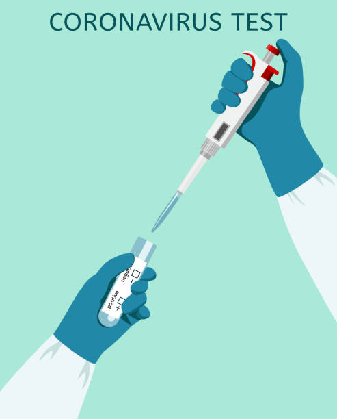 coronavirus test Coronavirus saliva test in a laboratory. Hands hold test tube and laboratory pipette. Vector illustration in flat style. pipette stock illustrations