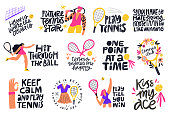 Tennis quotes, positive credos hand drawn letterings set. Male and female athletes with sport facilities flat illustrations with typography pack. Credo inscriptions isolated doodle drawings collection