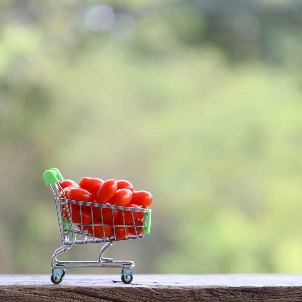small Tomatoes in mini shopping basket on wooden table