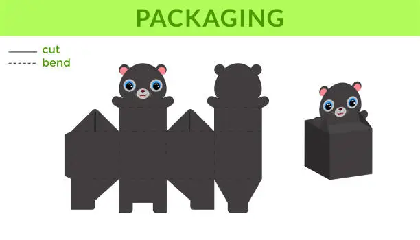 Vector illustration of Adorable DIY party favor box for birthdays, baby showers with cute panther for sweets, candies, small presents. Printable color scheme. Print, cut out, fold, glue. Vector stock illustration.
