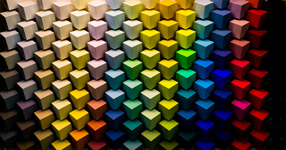 A lot of multi-colored cubes. Technological solution. 3D illustration. Color Matching Stand.