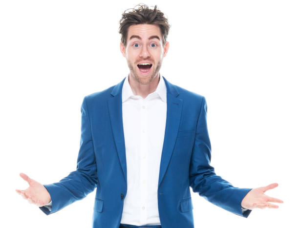 caucasian male business person standing in front of white background wearing button down shirt - thank you excitement waist up horizontal imagens e fotografias de stock