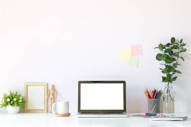 istock Workspace desk and laptop. copy space and blank screen. Business image, Blank screen laptop and supplies. 1224485372