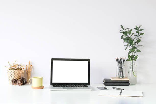 istock Workspace desk and laptop. copy space and blank screen. Business image, Blank screen laptop and supplies. 1224485509