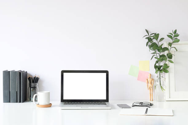 istock Workspace desk and laptop. copy space and blank screen. Business image, Blank screen laptop and supplies. 1224487925