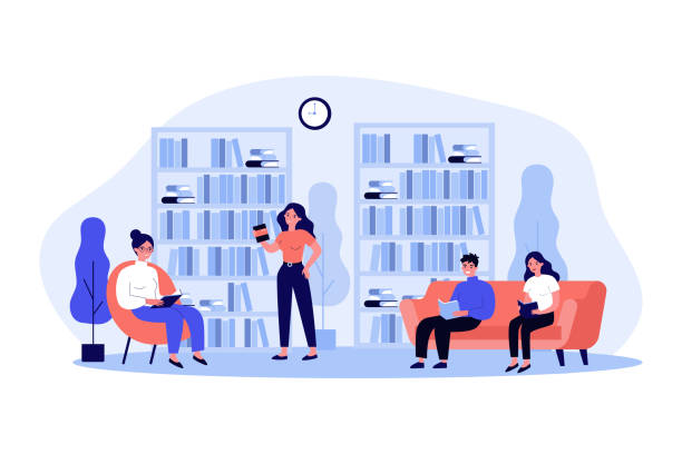 personen in bibliothek flache vektor-illustration - women men bookstore reading stock-grafiken, -clipart, -cartoons und -symbole