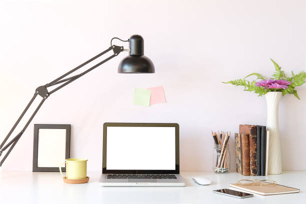 istock Workspace desk and laptop. copy space and blank screen. Business image, Blank screen laptop and supplies. 1224489232