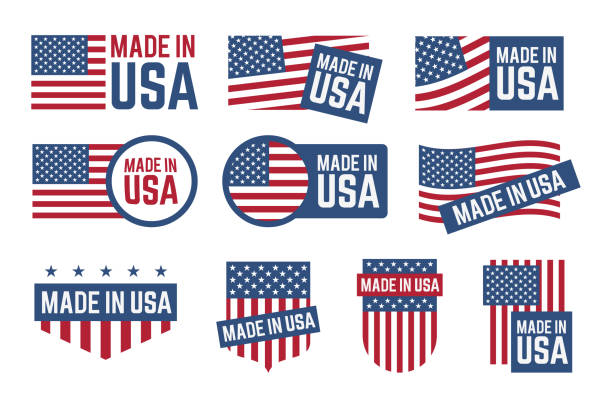 Made in USA badges set Made in USA badges set. Labels with American national flag pattern with stars and stripes, seal, logo template. Can be used for patriotic stamps, national production, business concept usa made in the usa industry striped stock illustrations