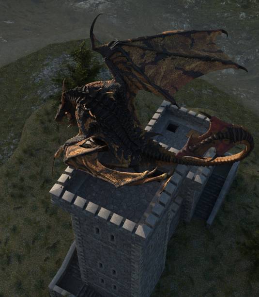 istock Fantasy dragon and medieval tower 3d illustration 1224490180