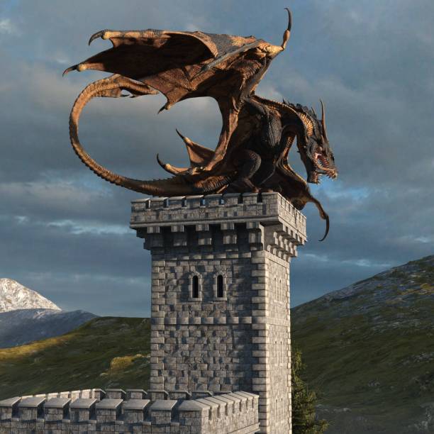 istock Fantasy dragon and medieval tower 3d illustration 1224490185