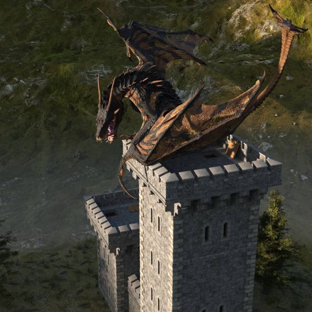 istock Fantasy dragon and medieval tower 3d illustration 1224490191