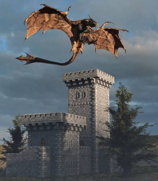 istock Fantasy dragon and medieval tower 3d illustration 1224490218