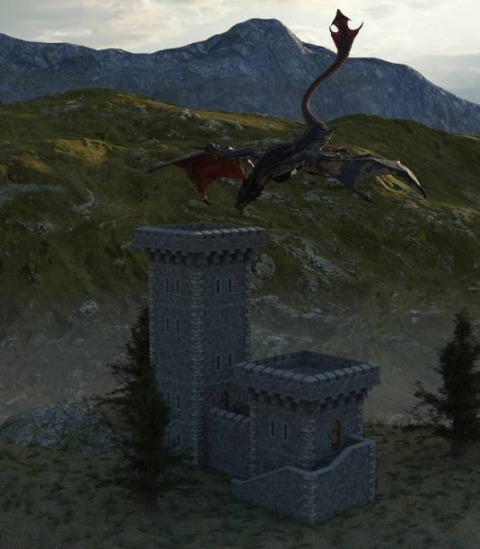 istock Fantasy dragon and medieval tower 3d illustration 1224490221
