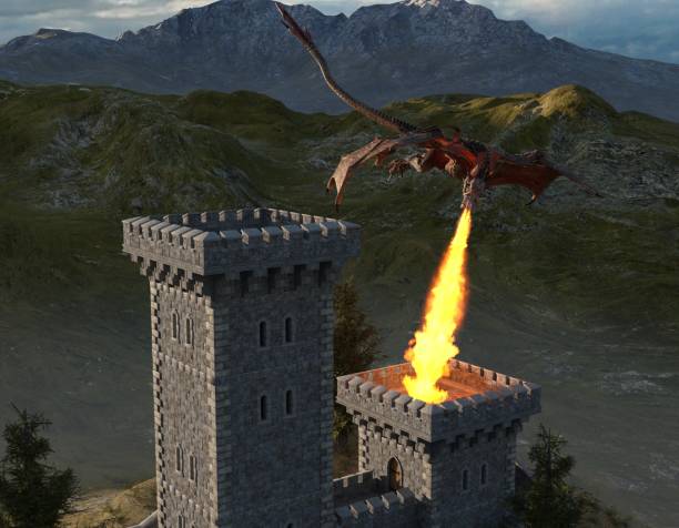 istock Fantasy dragon and medieval tower 3d illustration 1224490228