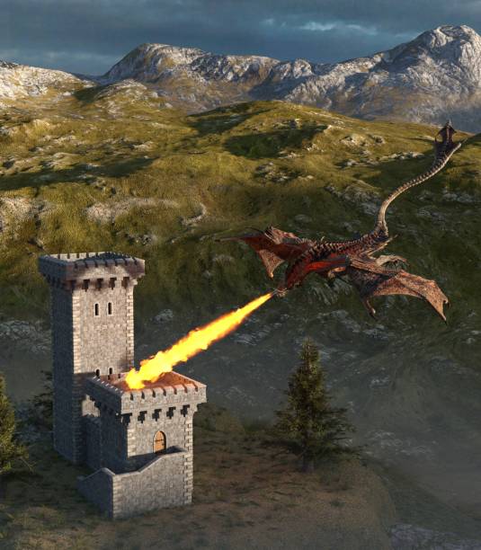 istock Fantasy dragon and medieval tower 3d illustration 1224490230