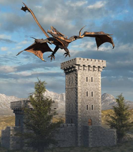 istock Fantasy dragon and medieval tower 3d illustration 1224490241