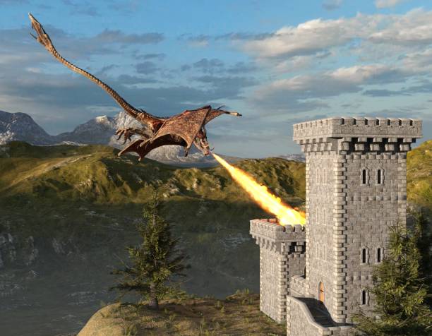 istock Fantasy dragon and medieval tower 3d illustration 1224490245