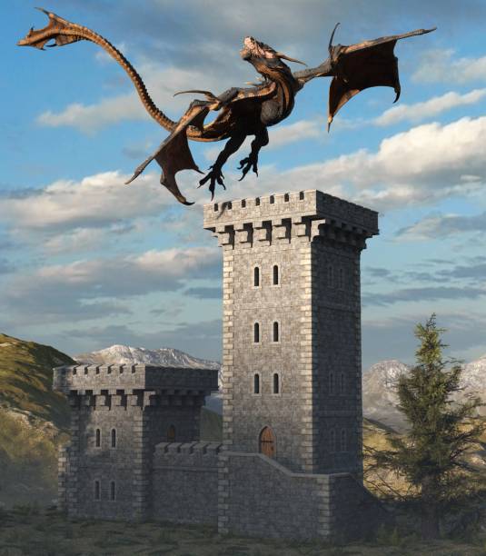 istock Fantasy dragon and medieval tower 3d illustration 1224490246