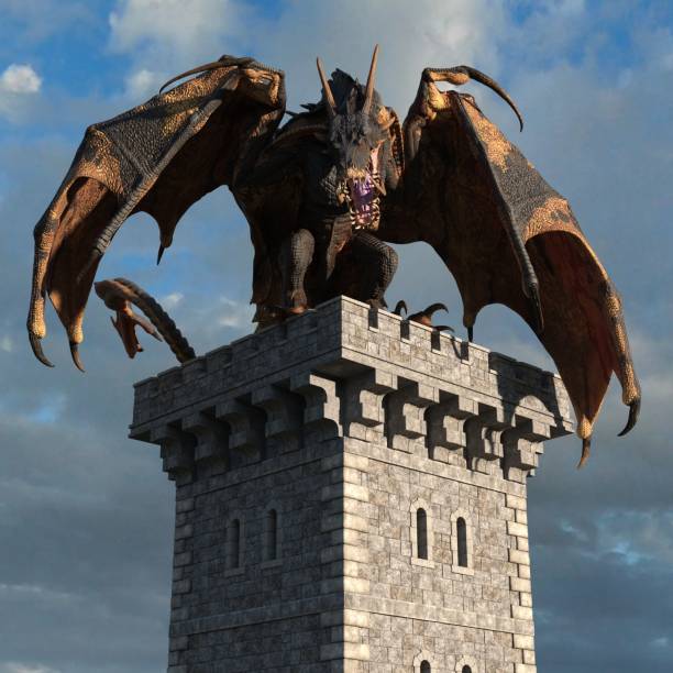 istock Fantasy dragon and medieval tower 3d illustration 1224490256
