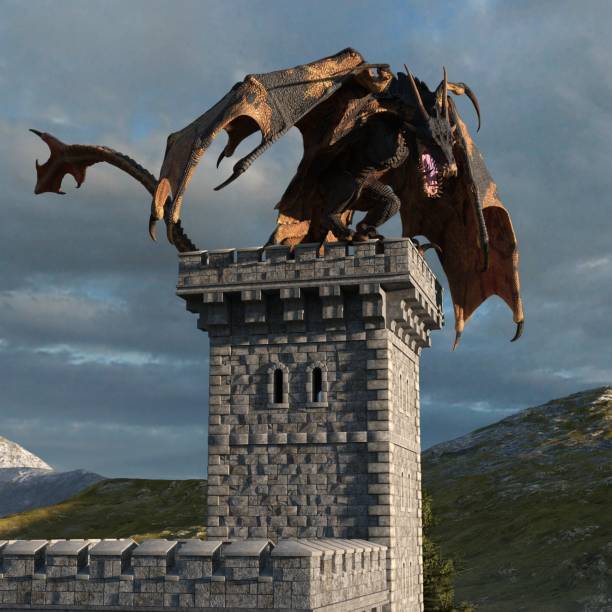 istock Fantasy dragon and medieval tower 3d illustration 1224490258