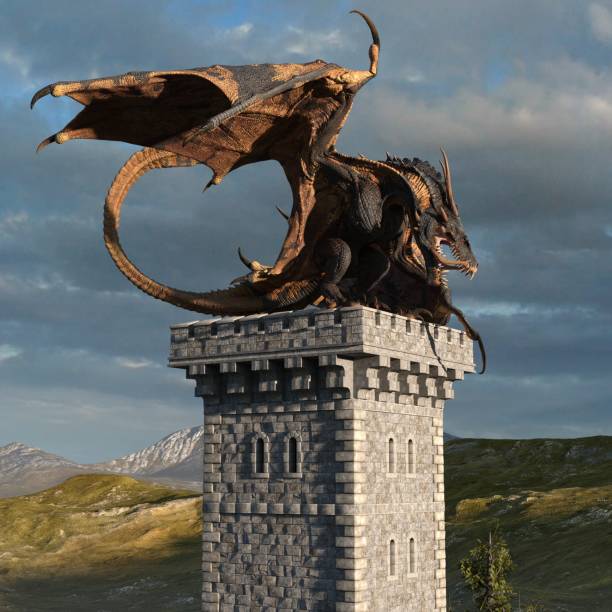 istock Fantasy dragon and medieval tower 3d illustration 1224490259