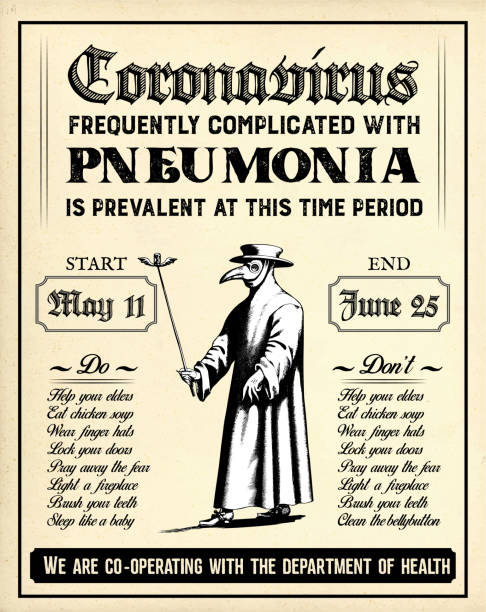 Old Retro Pandemic Poster in Vintage Style with Plague Doctor Warning of Covid-19 Symptoms Old Retro Pandemic Poster in Vintage Style with Plague Doctor Warning of Covid-19 Symptoms on textured background paper black plague doctor stock illustrations