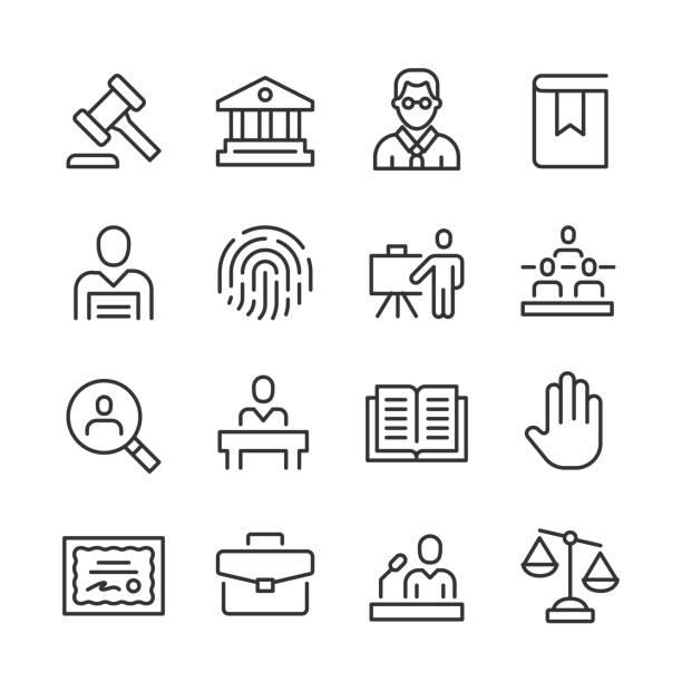Legal Icons — Monoline Series Vector outline icon set appropriate for web and print applications. Designed in 48 x 48 pixel square with 2px editable stroke. Pixel perfect. interview event patterns stock illustrations