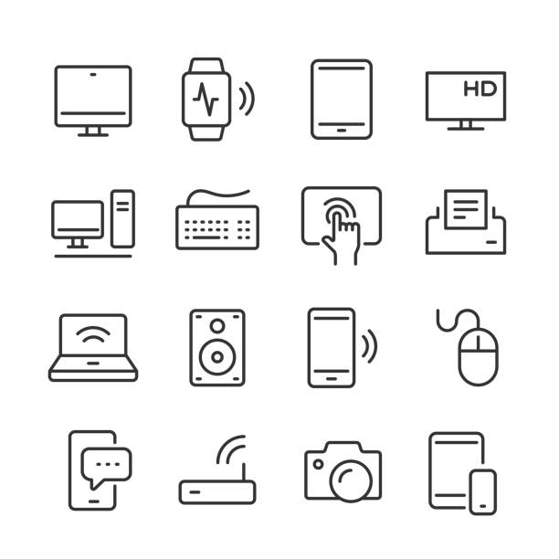 Modern Device Icons — Monoline Series Vector outline icon set appropriate for web and print applications. Designed in 48 x 48 pixel square with 2px editable stroke. Pixel perfect. ipad hand stock illustrations