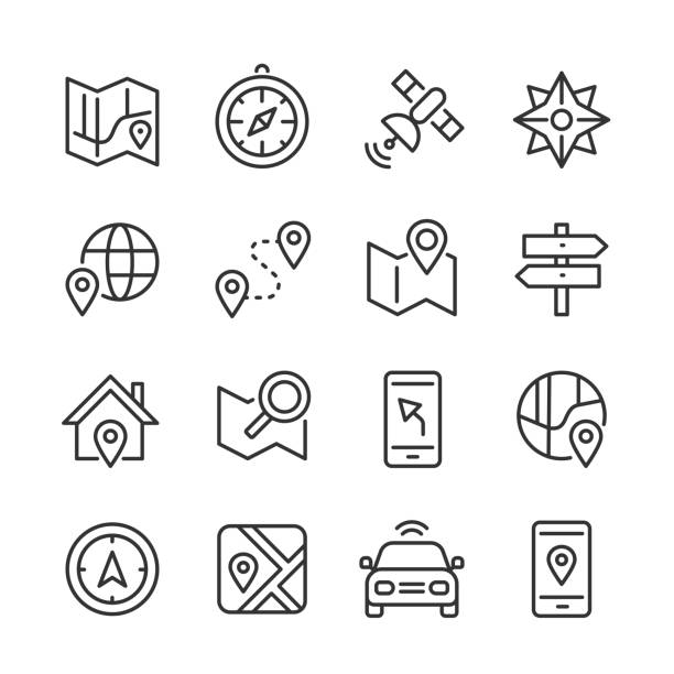 Navigation Icons — Monoline Series Vector outline icon set appropriate for web and print applications. Designed in 48 x 48 pixel square with 2px editable stroke. Pixel perfect. map pin icon illustrations stock illustrations