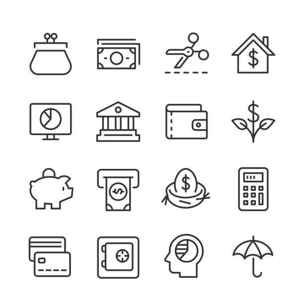Personal Finance Icons — Monoline Series Vector outline icon set appropriate for web and print applications. Designed in 48 x 48 pixel square with 2px editable stroke. Pixel perfect. piggy bank calculator stock illustrations