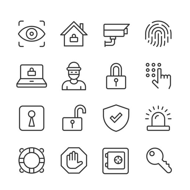 Security Icons — Monoline Series Vector outline icon set appropriate for web and print applications. Designed in 48 x 48 pixel square with 2px editable stroke. Pixel perfect. burglar stock illustrations