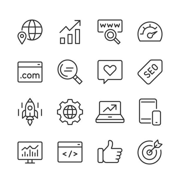 seo icons — monoline-serie - www globe internet earth stock-grafiken, -clipart, -cartoons und -symbole