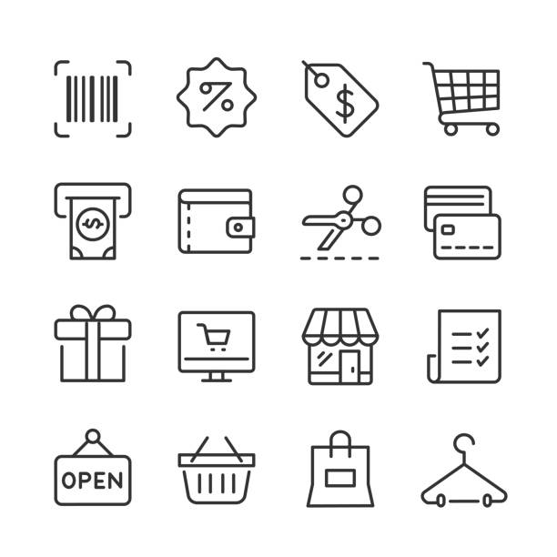 Shopping & Retail Icons — Monoline Series Vector outline icon set appropriate for web and print applications. Designed in 48 x 48 pixel square with 2px editable stroke. Pixel perfect. small business stock illustrations