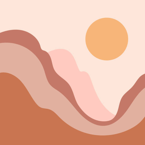 풍경, 사막, 산, 태양 지구 색조, 탄 오렌지, 테라코타 색상과 추상적 인 현대 미적 배경. 보헤미안 벽 장식. 중반 세기 현대 미니멀 아트 프린트. 유기 모양 - 아프리카 일러스트 stock illustrations