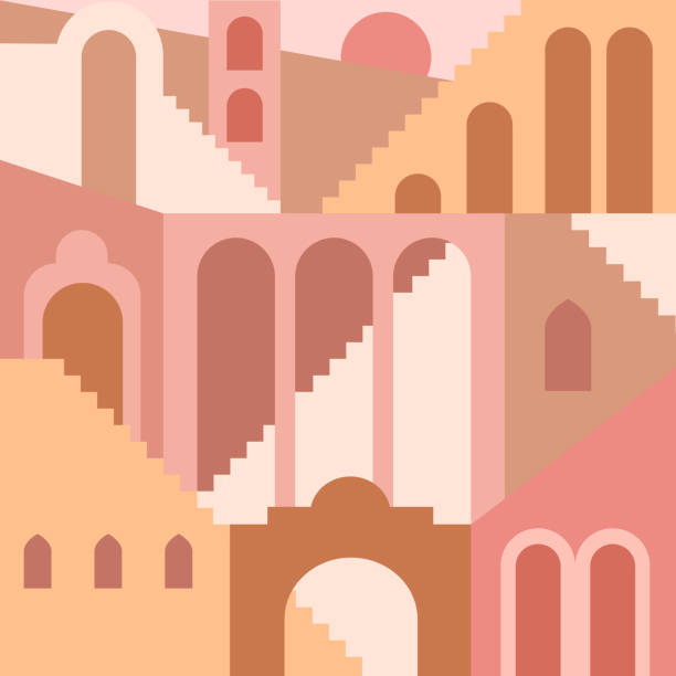 современный эстетический фон с плоской геометрией архитектуры, марокканские лестницы, стены, арка, дуга. бохо стиль. середина века современ - египет иллюстрации stock illustrations