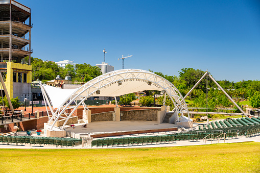 Legnano, Italy - June 27, 2023: RugbySound Festival 2023. preparation of the stage and refreshment area where rock music concerts will take place for several days