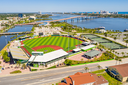 Daytona Beach, FL, USA - May 3, 2020: Aerial drone photo Jackie Robinson Memorial Baseball Park Jacksonville Beach FL