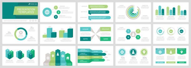 Set of grey and green, turquoise, blue elements for multipurpose presentation template slides with graphs and charts. Set of grey and green, turquoise, blue elements for multipurpose presentation template slides with graphs and charts. Leaflet, corporate report, marketing, advertising, book cover design. presentation templates stock illustrations