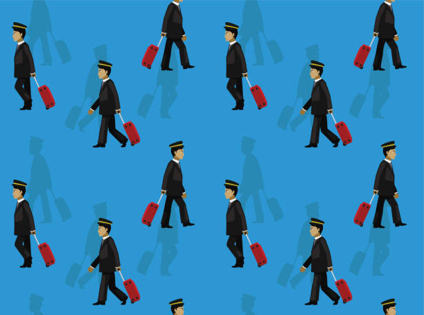 ilustrações de stock, clip art, desenhos animados e ícones de pilot walking side view vector seamless background wallpaper-01 - cabin crew pilot airport walking