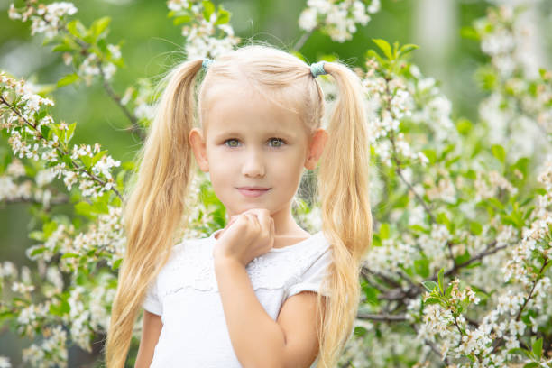 retrato de menina linda no fundo de uma árvore florida na primavera - portrait adults apple tree cherry tree - fotografias e filmes do acervo