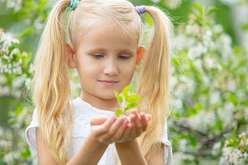 Small beautiful child girl portrait with a young green sprout in her hands