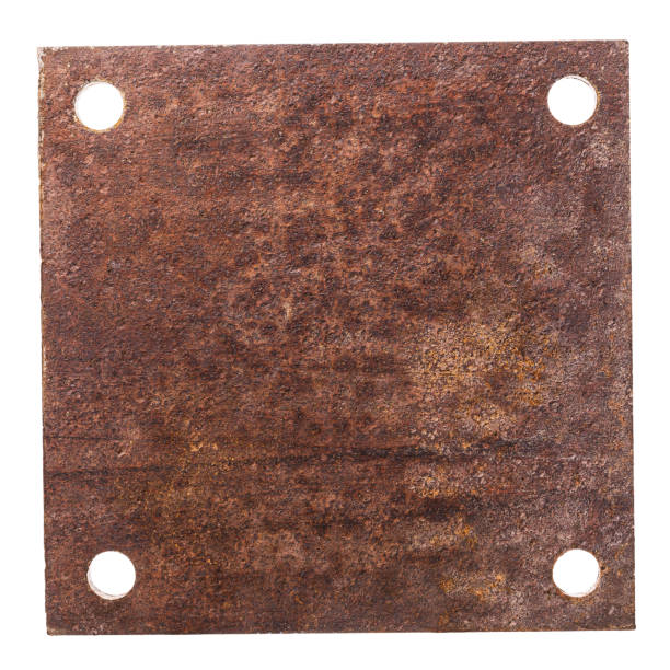 istock Rusty metal plate with four holes for fastening isolated on a white background 1224501836